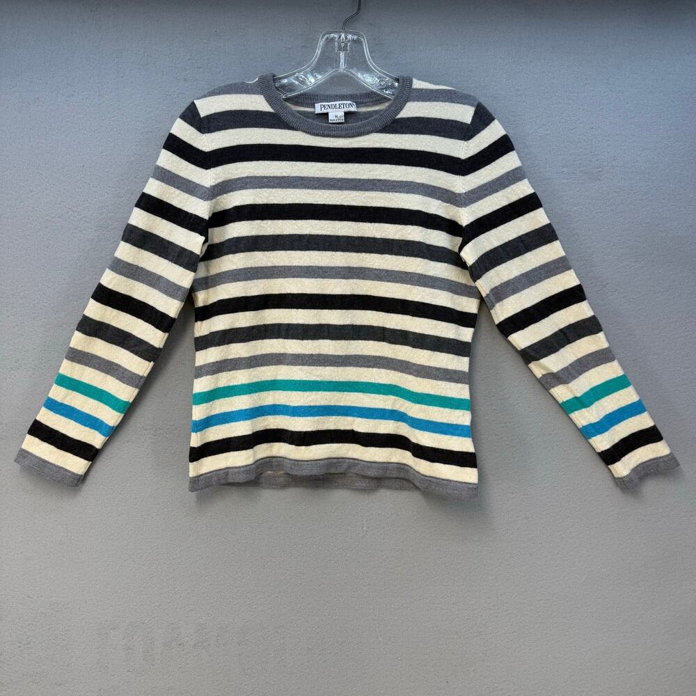 Pendleton Striped Sweater Women's M Beige Grey Teal 100% Merino Wool